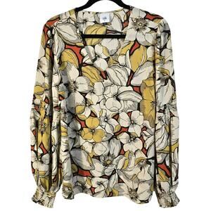 Cabi Sequel Blouse Women's M Yellow Orange Large Floral Poet Sleeve Career Boho